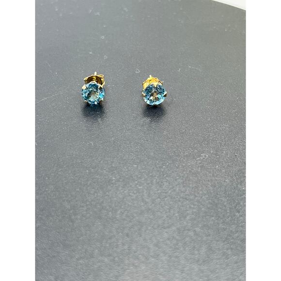 Designer Signed‎ Yellow Gold 10k Prong Swiss Blue Topaz Earring 14k Backs 6mm - Picture 3 of 14